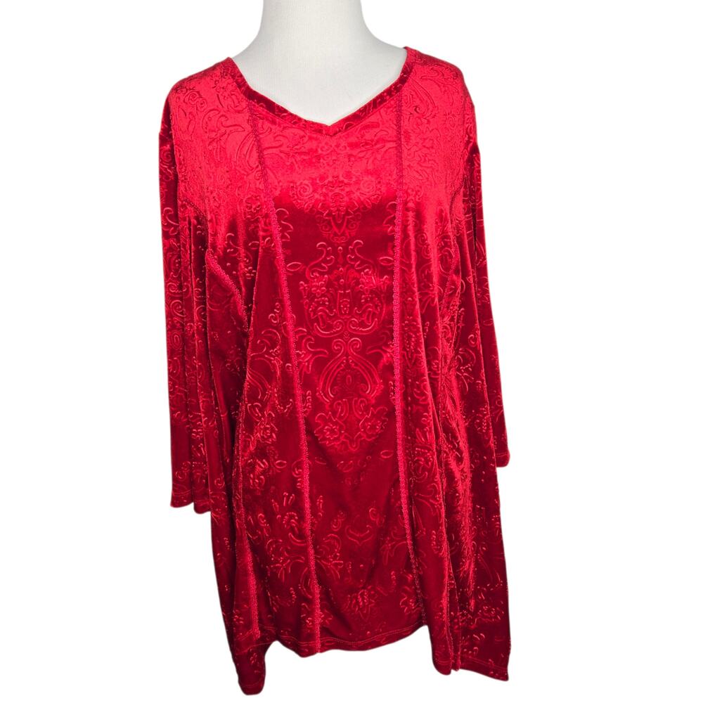 Velour Royalcore Blouse Women Red Embossed Fairy Grunge Renaissance Tunic 14/16W